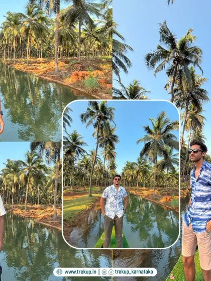 Our trekkers enjoying the scenic boat ride through the coconut groves of the Honnavara backwaters.