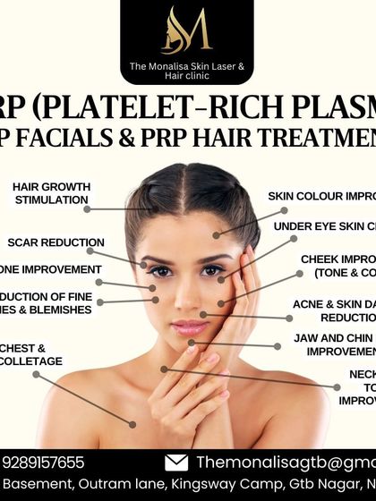 This diagram shows the various benefits of PRP for both face and hair. For hair, it provides essential growth stimulation to combat thinning and hair loss.