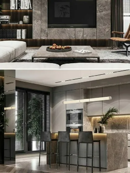 I believe modern offices need comfortable and stylish breakout zones. This project showcases an open-concept executive lounge and an adjoining pantry area. I used a consistent palette of stone, warm grays, and natural textures to create a cohesive and high-end space for relaxation and informal meetings.
