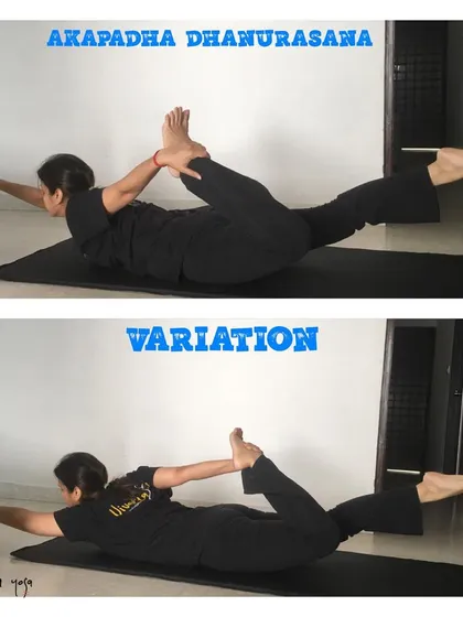 Akapada Dhanurasana (One-Legged Bow Pose) and its variation. This pose is effective for weight loss, improving digestion, and strengthening the entire back.