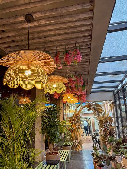 The entrance corridor at Organic Creamery, designed to create an immersive, whimsical experience. Rattan light fixtures, hanging flowers, and lush planters create a warm, bohemian, and organic vibe.