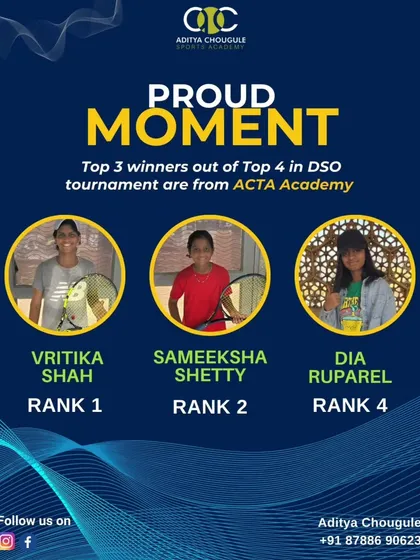 A proud moment for our academy as our players dominate the DSO tournament. Vritika Shah, Sameeksha Shetty, and Dia Ruparel secured the 1st, 2nd, and 4th ranks, a testament to their skill and our coaching.
