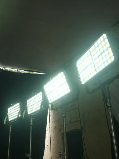 A bank of Prolights ECL Panels ready for a shoot. These versatile LED panels offer full-color control and are excellent for creating soft, even illumination.