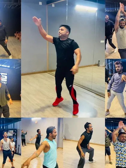 This collage captures the dynamic energy of a men's dance fitness event. It shows various participants fully engaged, highlighting the studio as a welcoming space for everyone.