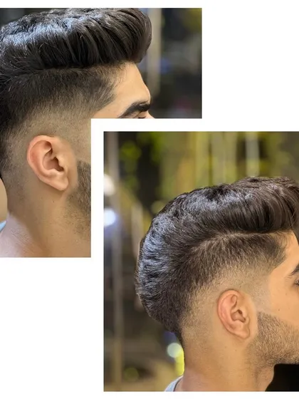 A collage showing a men's haircut from multiple angles. This high-volume pompadour with a fade is a popular and timeless style.