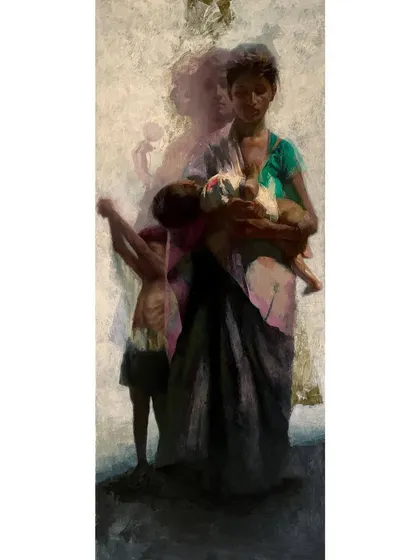 The full "Love & Hunger" painting, a vertical composition emphasizing the mother's strength.