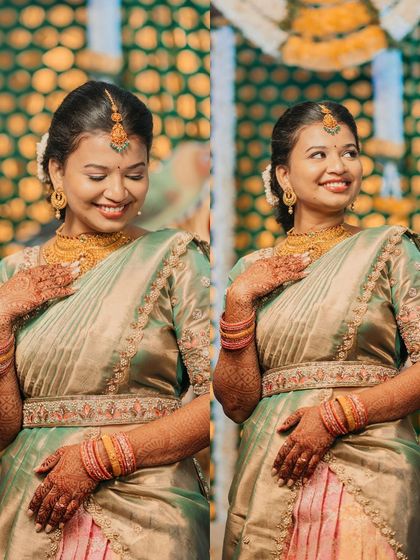 A collage of a bride's portraits from her engagement, capturing her happy and serene expressions.
