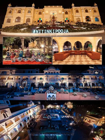 A collage showcasing the magnificent destination wedding venue in Jaipur, lit up for the night's celebrations.