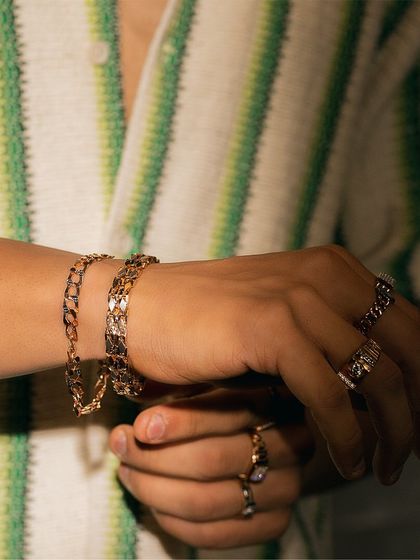 A look at our chunky men's bracelets and rings, perfect for adding a touch of finesse to any outfit.