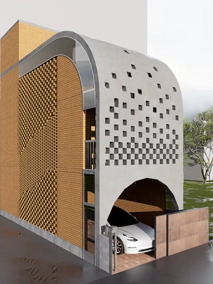 A conceptual design for the "Vault House" on a narrow 15x40 foot urban plot. This proposal explores how bold architectural forms, like a curving ferroconcrete vault and a patterned brick facade, can solve the challenges of compact living while creating a unique and expressive home.