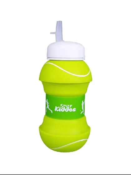 A full view of the expanded tennis ball silicone bottle, complete with a handy pop-up straw for easy sipping.