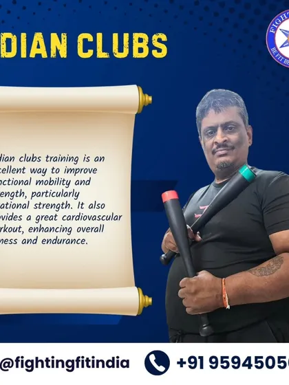 This graphic explains the benefits of Indian clubs training for improving functional mobility, rotational strength, and cardiovascular endurance.