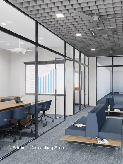 The admin and counseling area at Heritage Xperiential School, Gurugram. We design these supportive zones with transparency and comfort in mind, using glass partitions and calm colors to create a welcoming environment for staff, parents, and students.