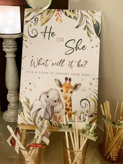 The full setup for the 'He or She' gender reveal game at the baby shower, complete with custom signage and decorated straws.