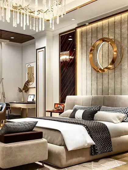 A luxurious bedroom design blending classic and modern elements. It features a crystal chandelier, a plush headboard, and accent panels in rich wood and gold tones for a truly opulent feel.