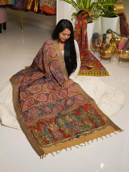 This is a glimpse into my Kalamkari Edition, featuring a wide array of hand-painted dupattas and fabrics from the Indralokam series. Each piece is a unique story, available for you to customize into your dream outfit.