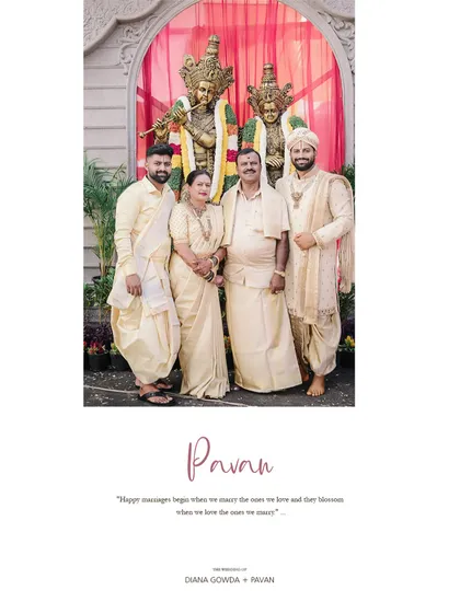 A family photo where the groom and his family members are dressed in coordinated cream and ivory outfits. I designed the groom's sherwani to be the centerpiece of the family's look.