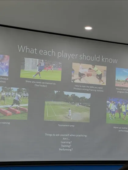 "What each player should know." A slide from a coaching seminar breaking down the essential components of player development, from technique to tournament preparation.