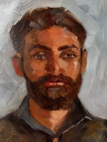 A close-up of the finished oil portrait of Rishabh, painted from life with a group of artists. I find the challenge of capturing a likeness in a single session to be an enjoyable and educational experience.