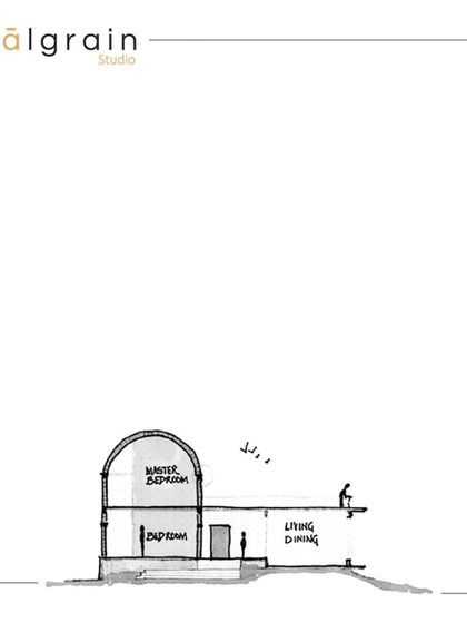 A conceptual cross-section sketch for the farmhouse. This drawing explores the relationship between the master bedroom, a bathroom, and the living and dining spaces, focusing on creating interesting volumes and connections.