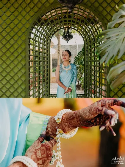 A focus on the details, from the bride's floral jewelry and intricate henna to her elegant pose in a beautiful green archway.