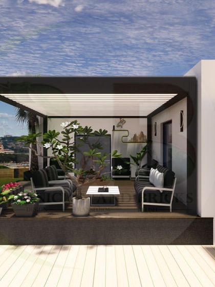 A 3D visualization of a large rooftop terrace with a modern pergola as the centerpiece. The design shows a spacious seating area with a fire pit, demonstrating how we create spaces for year-round enjoyment.