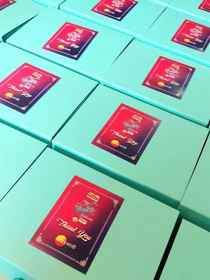 A closer look at the custom boxes we created for the Zee Marathi Awards. The clean design with a simple sticker kept the branding elegant and professional.