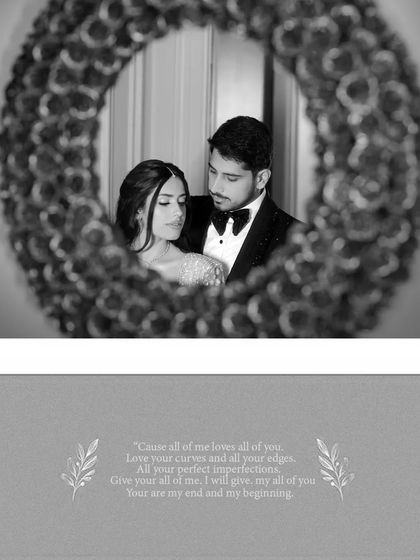 A creative black and white portrait of the couple seen through a decorative mirror, paired with romantic song lyrics.