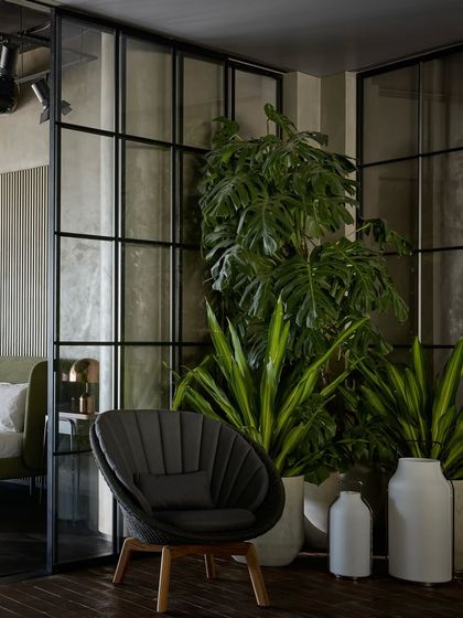 A detail of the outdoor zone, with a comfortable armchair placed next to large potted plants and framed by glass partitions.