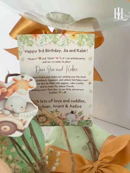 The personalized birthday card for Jia and Kabir, written with a warm message to make their gift even more special.