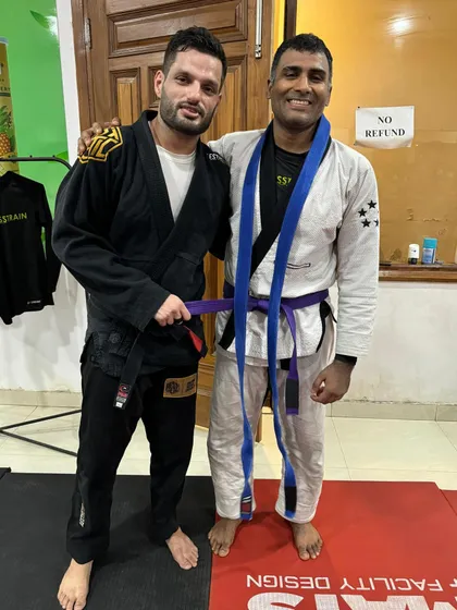 Our head coach with the newly promoted Purple Belt. This represents years of dedication and the passing on of knowledge within our club.
