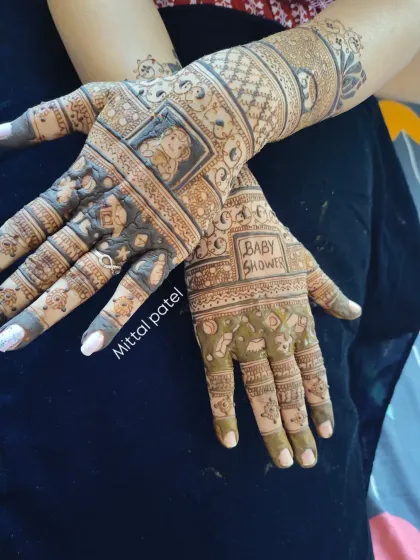 A view of the back of the hands for a baby shower. The design is filled with adorable motifs like teddy bears, baby toys, and a "Baby Shower" banner.