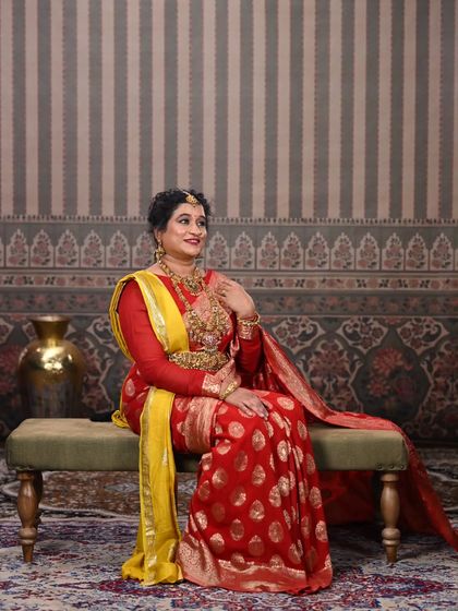 Another shot from my photoshoot. This shows how the layered necklaces and vaddanam create a rich, royal look, perfect for a grand wedding ceremony.