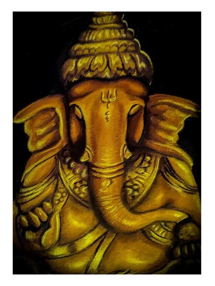 This is a rangoli portrait of Bappa, created for the Ganesh Chaturthi festival at Karnataka Chitrakala Parishad. The artwork uses shades of yellow and gold to create a three-dimensional, sculptural effect.