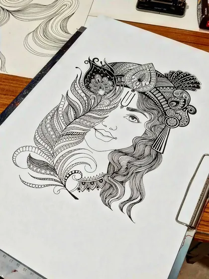 This is a piece of conceptual Krishna artwork done with ink. Besides portraits, I also love creating intricate designs based on mythology, focusing on detailed line work and symbolic imagery.