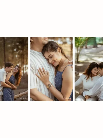 A photo series showing the intimate and candid moments from a resort shoot, from playful embraces to quiet, shared looks.
