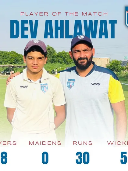 Dev Ahlawat's fantastic bowling spell, taking 5 wickets for just 30 runs to win the match for his team.