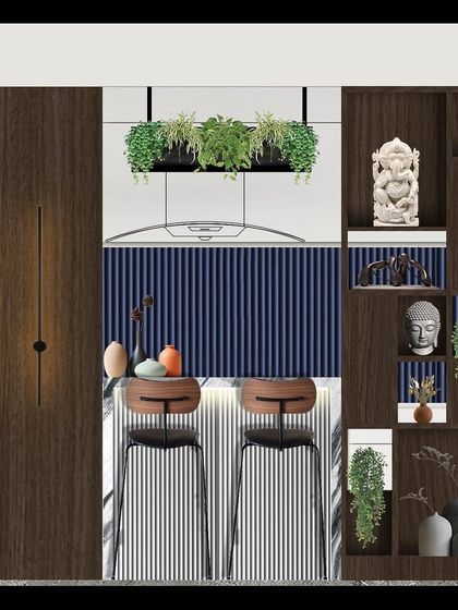 A detailed illustration of a contemporary open kitchen concept. We use these drawings to refine every detail, from the placement of pendant lights to the style of the bar stools.