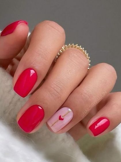 A simple and sweet Valentine's design. A single accent nail with a love letter heart complements the classic, glossy red of the other nails.