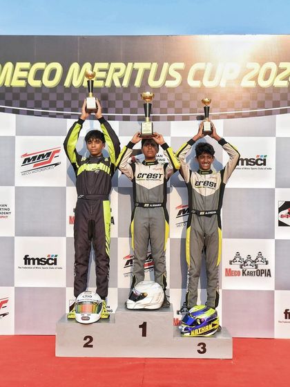 The OK-J Class podium from Round 1 of the Meco Meritus Cup 2024, showcasing the future stars of Indian motorsport.