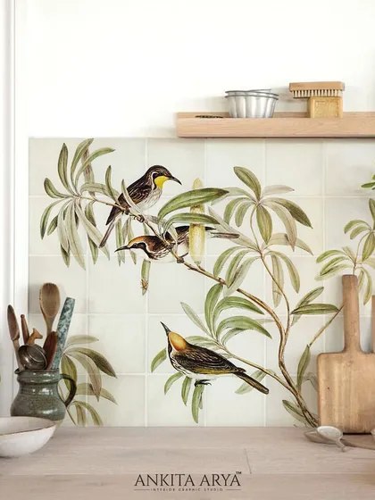 The bird-themed ceramic tiles installed as a beautiful kitchen backsplash. This shows how custom art can be integrated into functional spaces, making them both practical and inspiring.