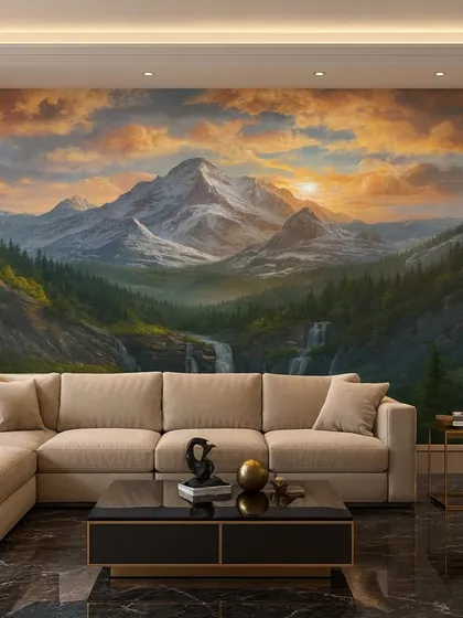 A breathtaking mountain landscape wallpaper at sunset. The warm colors and majestic view create a stunning and dramatic focal point in this living room.