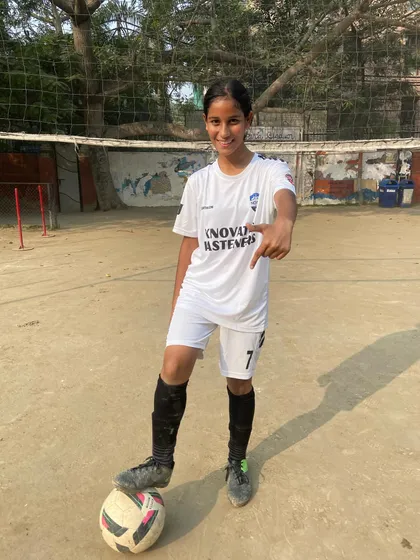 Sakshi celebrating her debut with Noida City FC. We are proud to support our girls as they break into competitive club football.