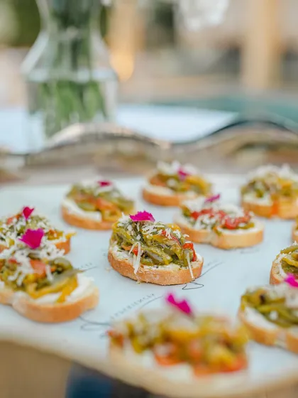 Roasted Bell Pepper Crostini, a colourful and flavourful bite, perfect for a relaxed high tea menu.