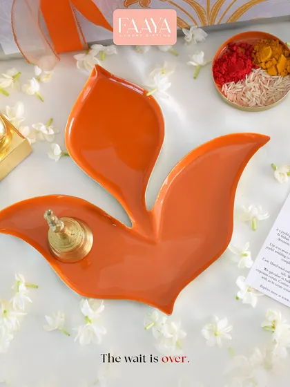 The wait is over. This image announced the launch of our 'Symbols of Celebration' collection at The Wedding Collective, featuring the vibrant orange Pushpa tray, perfect for holding ritual items or as a wedding favour.