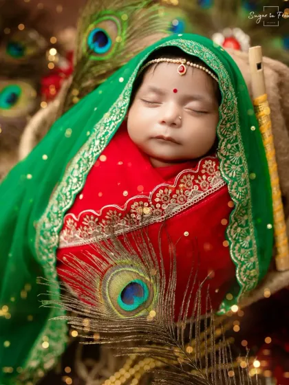 A divine portrait of a newborn as little Radha. We use vibrant colors, peacock feathers, and delicate accessories to create a beautiful and respectful tribute.