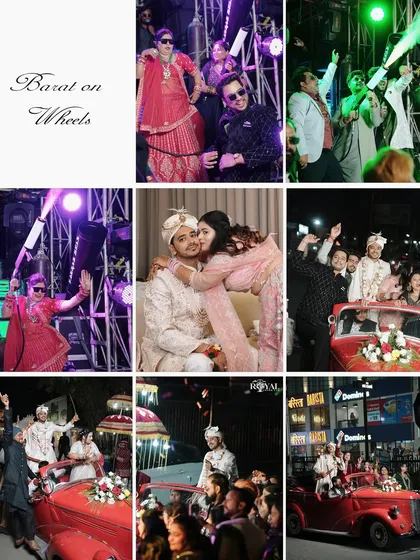 A collage capturing the energy of the Baraat, with dancing, music, and the groom's arrival in a vintage car.