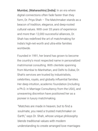 Pink Stories and Fabulous She celebrated my 33-year journey as India's leading elite matchmaker. These articles highlight my work with high-net-worth and ultra-elite families, from Mumbai to Manhattan, creating prestigious marriages rooted in tradition and discretion.