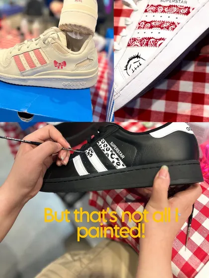 A collage showcasing the variety of designs I painted during a single Adidas event. You can see a delicate bow detail, a custom bandana print, and a classic leopard pattern, all done live for customers.