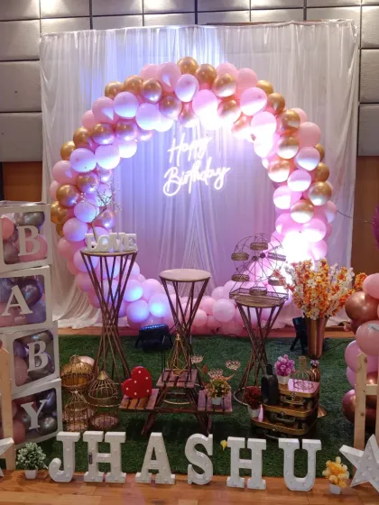 This shot captures the soft and dreamy ambiance of the pink and gold Frozen party theme.